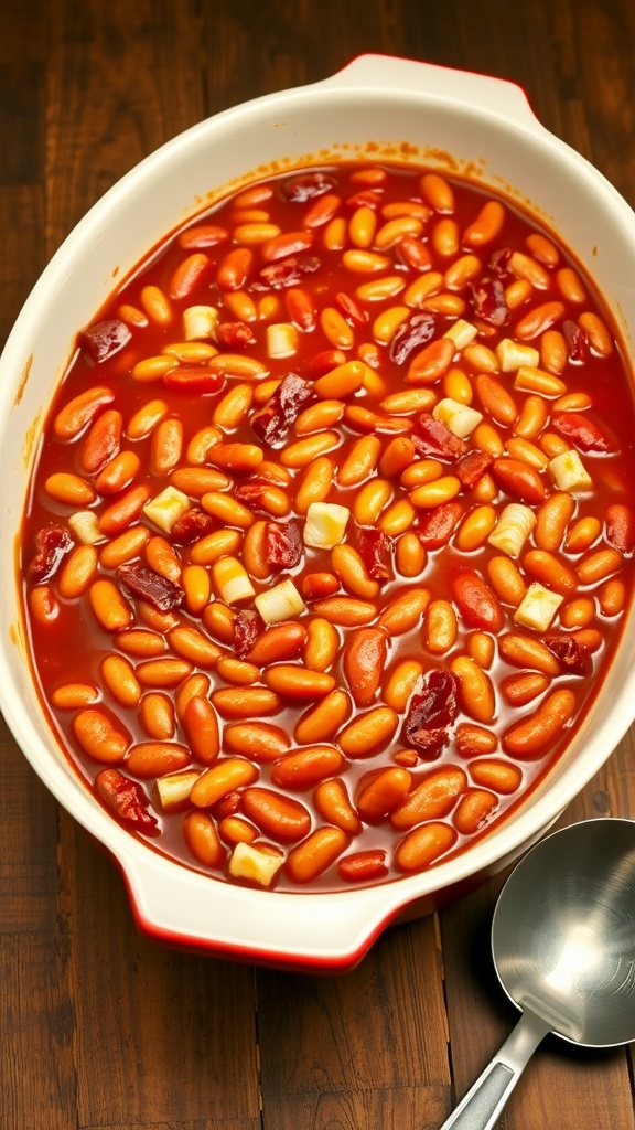 A baking dish of classic baked beans with bacon and onions, ready to serve a large gathering.